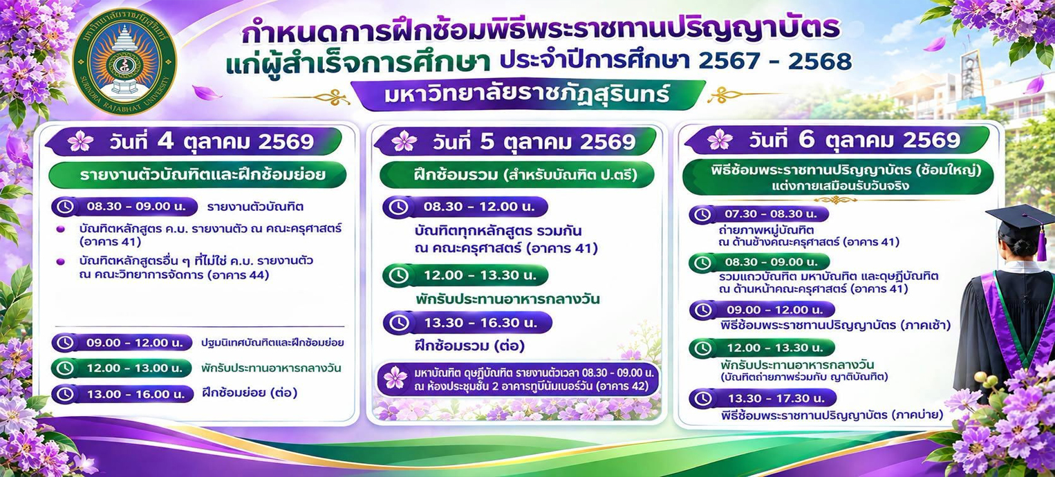 การฝึกซ้อมพิธีพระราชทานปริญญาบัตรแก่ผู้สำเร็จการศึกษา ประจำปีการศึกษา 2567 – 2568 มหาวิทยาลัยราชภัฏสุรินทร์